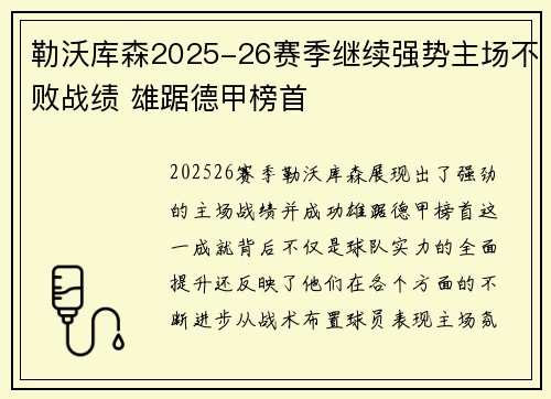 勒沃库森2025-26赛季继续强势主场不败战绩 雄踞德甲榜首