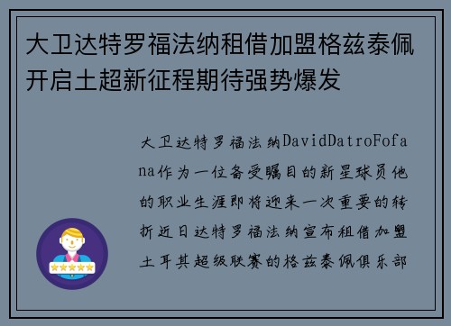 大卫达特罗福法纳租借加盟格兹泰佩开启土超新征程期待强势爆发